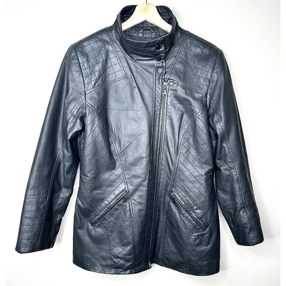 Vtg Danier Leather Coat Womens Y2K 90s Lined Zip Front Black Size Medium 14-16 - Picture 1 of 16